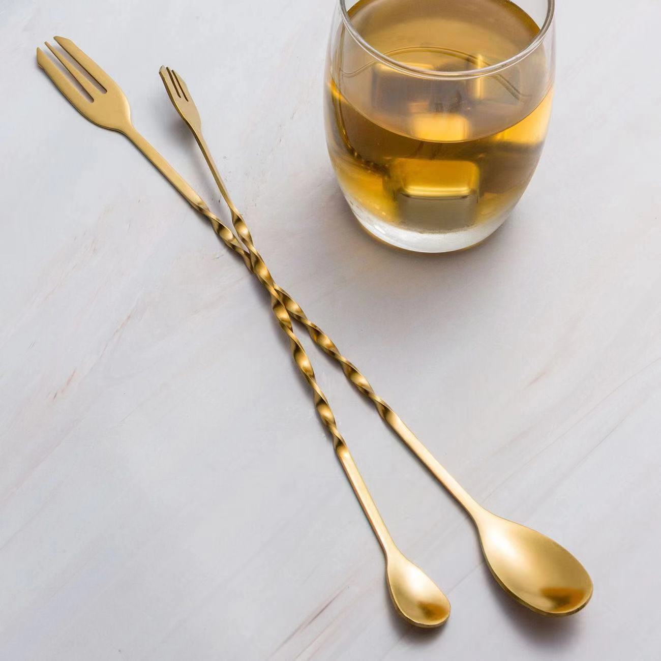 Mixing spoon 304 stainless steel long handle bar spoon ice spoon double-head dual-purpose mixing spoon fork long handle chicken tail Amazon