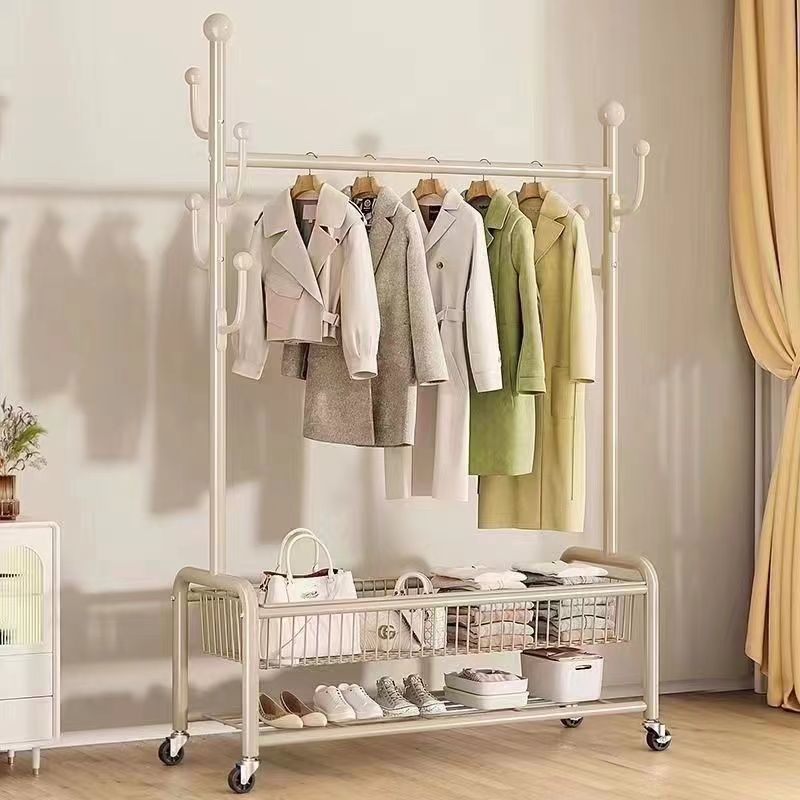 Simple Coat Rack Bedroom Floor Hanger Room Movable Light Luxury Household Storage Basket Living Room Clothes Rack