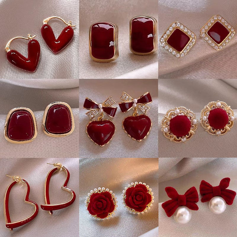 Collection~ Ancora Red Earrings, Ear Clips, Burgundy Autumn and Winter Earrings, New Year's Glazed Flocking, Simple and High-End Feel