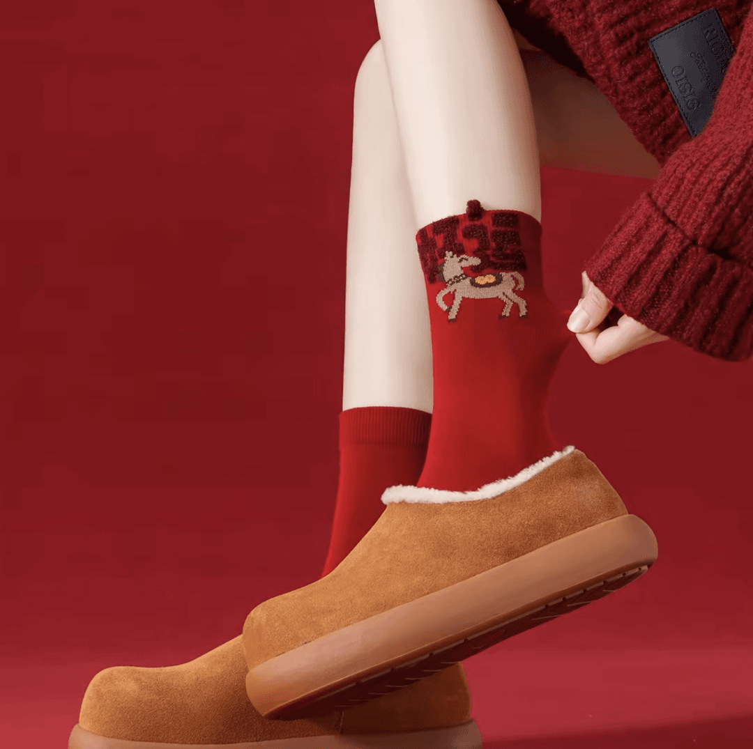 Warm Winter New Year's Red Socks Chinese Style Jacquard Mid-Calf Socks Year of the Horse Same Style for Men and Women That Do Not Fade Fashionable Winter New Style