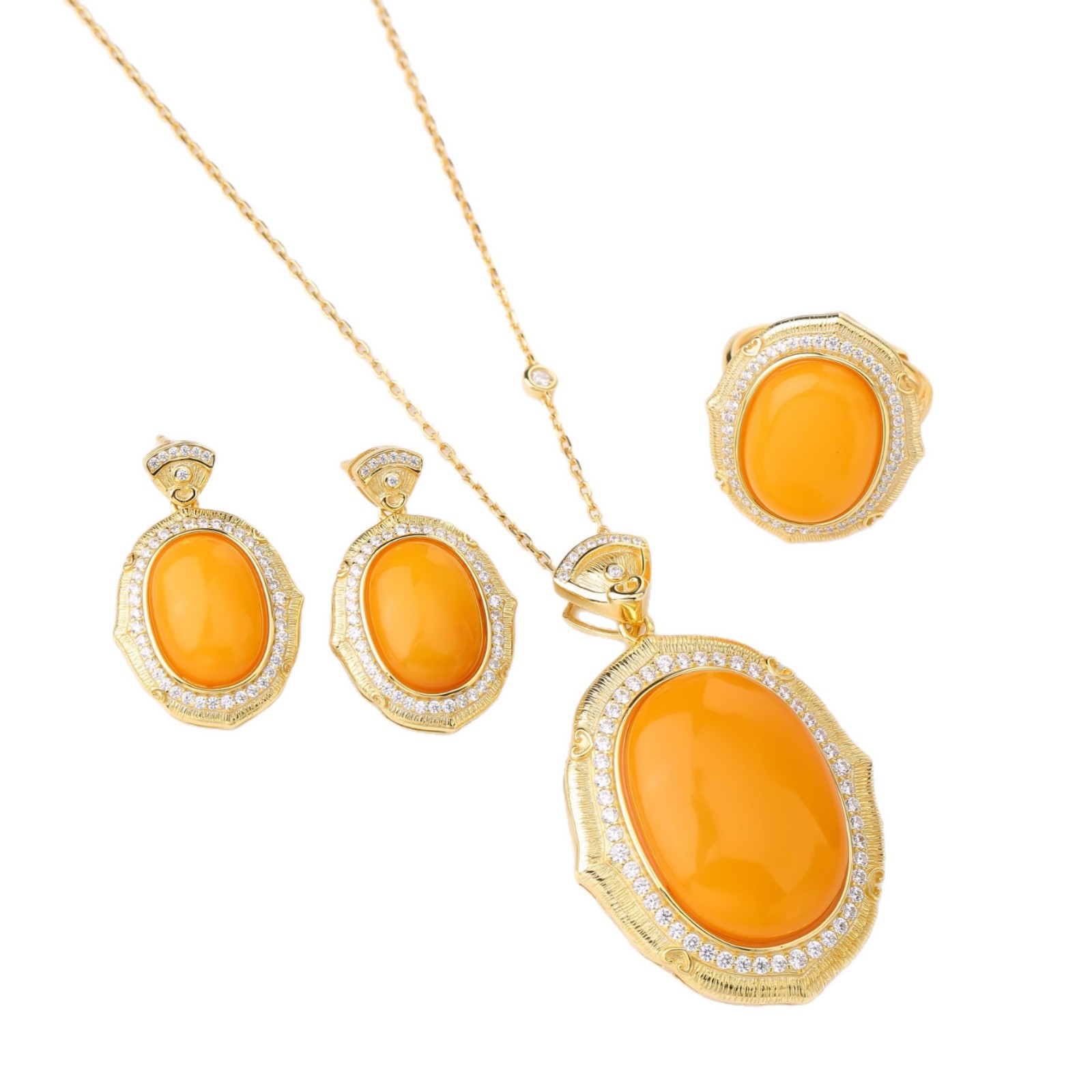 S925 Silver Natural Russian Amber Simple and Elegant Brushed Craft Fashion Set Pendant Earrings Ring