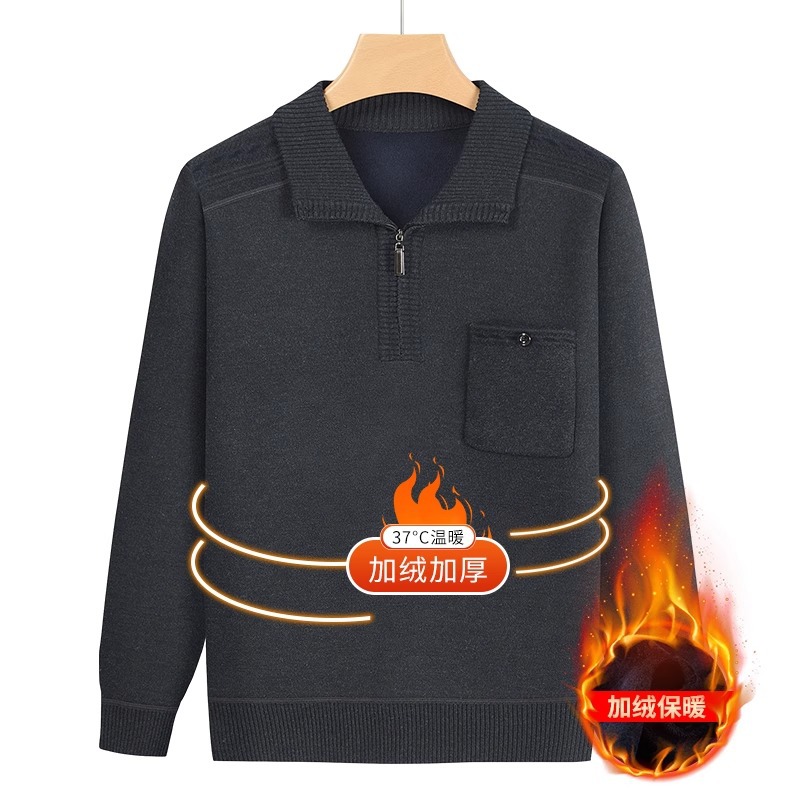 Source Factory Dad Winter Knitwear Men's Middle-Aged and Elderly Sweaters Fleece-Lined Thickeneded Bottoming Top with Flap Pocket Pantss