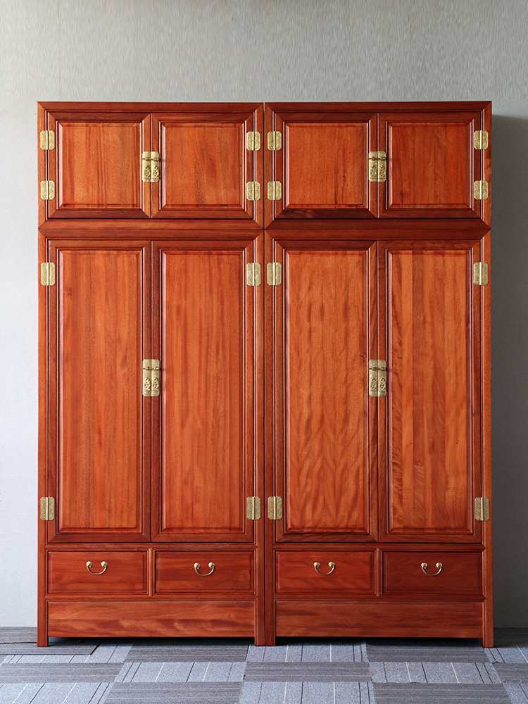 Новый китайский стиль, большой шкаф из массива дерева с четырьмя дверями, резной шкаф для одежды и головных уборов, золотое розовое дерево, верхний шкаф с 2, 3 или 4 дверями