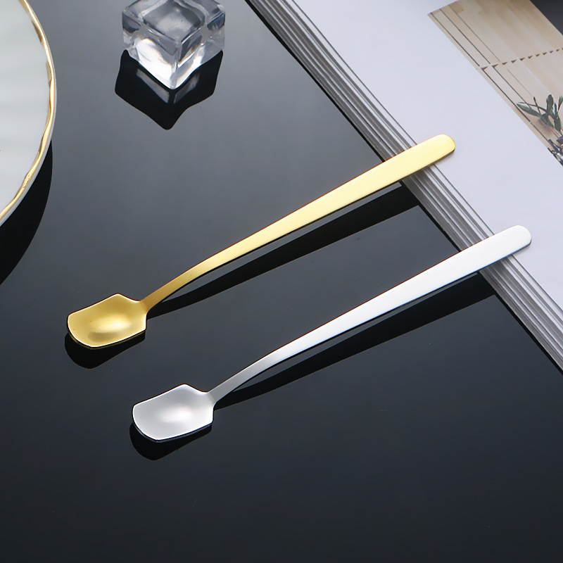 Stainless Steel Net Red Long Handle Spoon Square Head Spoon Mixing Spoon Seasoning Spoon Coffee Milk Tea Stick Dessert Spoon Gift Spoon