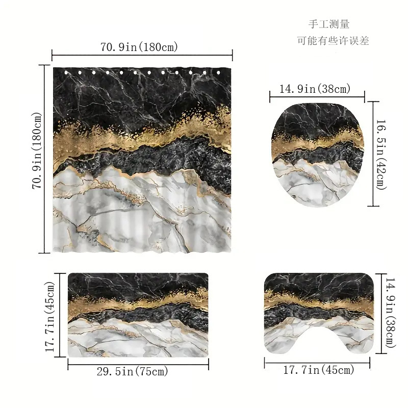 Bathroom Shower Curtain Floor Mat Four-piece Set Amazon Marble Hot-selling Style Waterproof Partition Curtain Floor Mat Three-piece Set