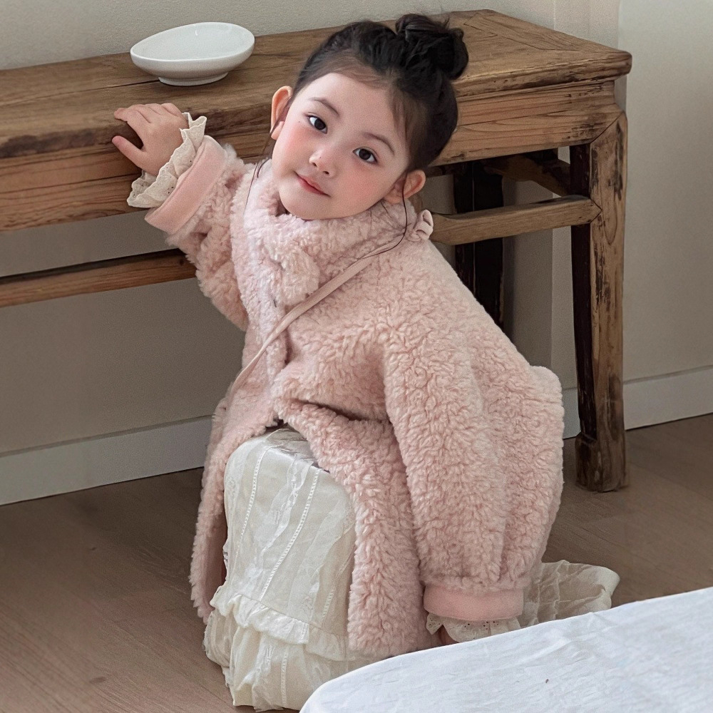 Girls' Outwear 2025 Winter New Style Kidsren's Korean Style High-Quality Pink Fur One-Piece Mid-Length Outwear with Bag