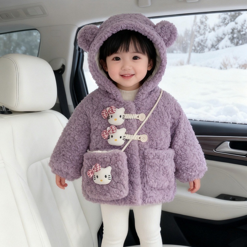 W328 Girls Pink Fashion Velvet Jacket Baby Winter Clothing Kidsren Korean Style Foreign Style Quilted Hooded Winter Kidsren's Clothing