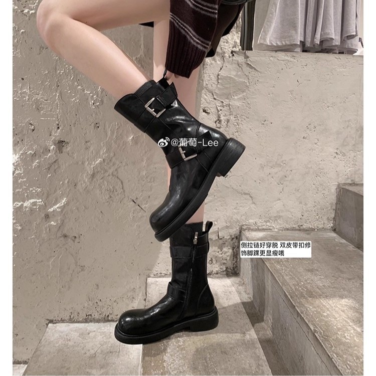 Grape Mom's Same Style, Height Increase 4cm~ Two Tube Heights, Double Buckle Straps, Round Toe, Side Zipper, Thick-Soled Knight Boots for Women, Winter
