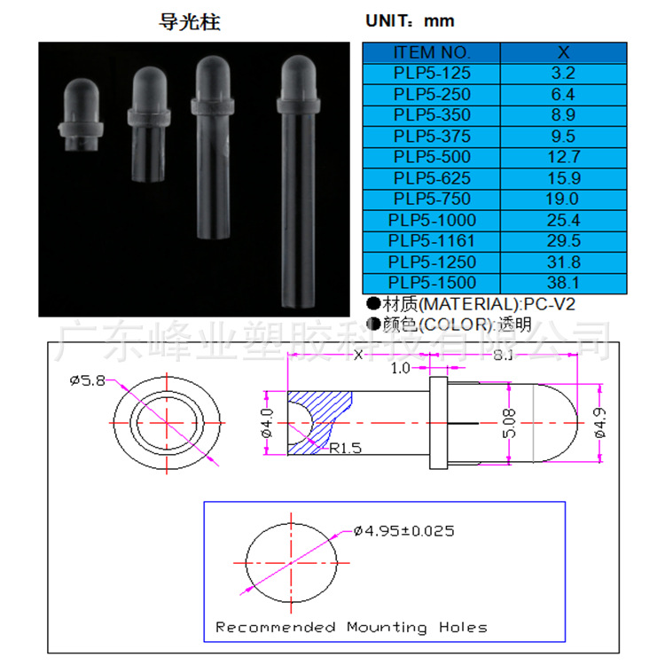 Semi-Circular Head F5 Light Guide Column 5mm Product Patch Transparent Light Guide Rod with Indentation Light Transmission Column Led Lamp Bead Plg-D