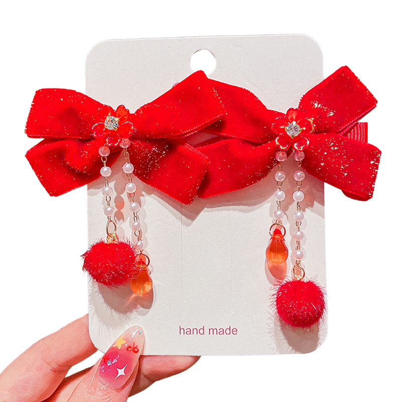 Girls' Festive Antique Bow Tassel Hairpin Girls Baby Red Hair Accessories Kidsren's Chinese Style Hairpin Hairpin