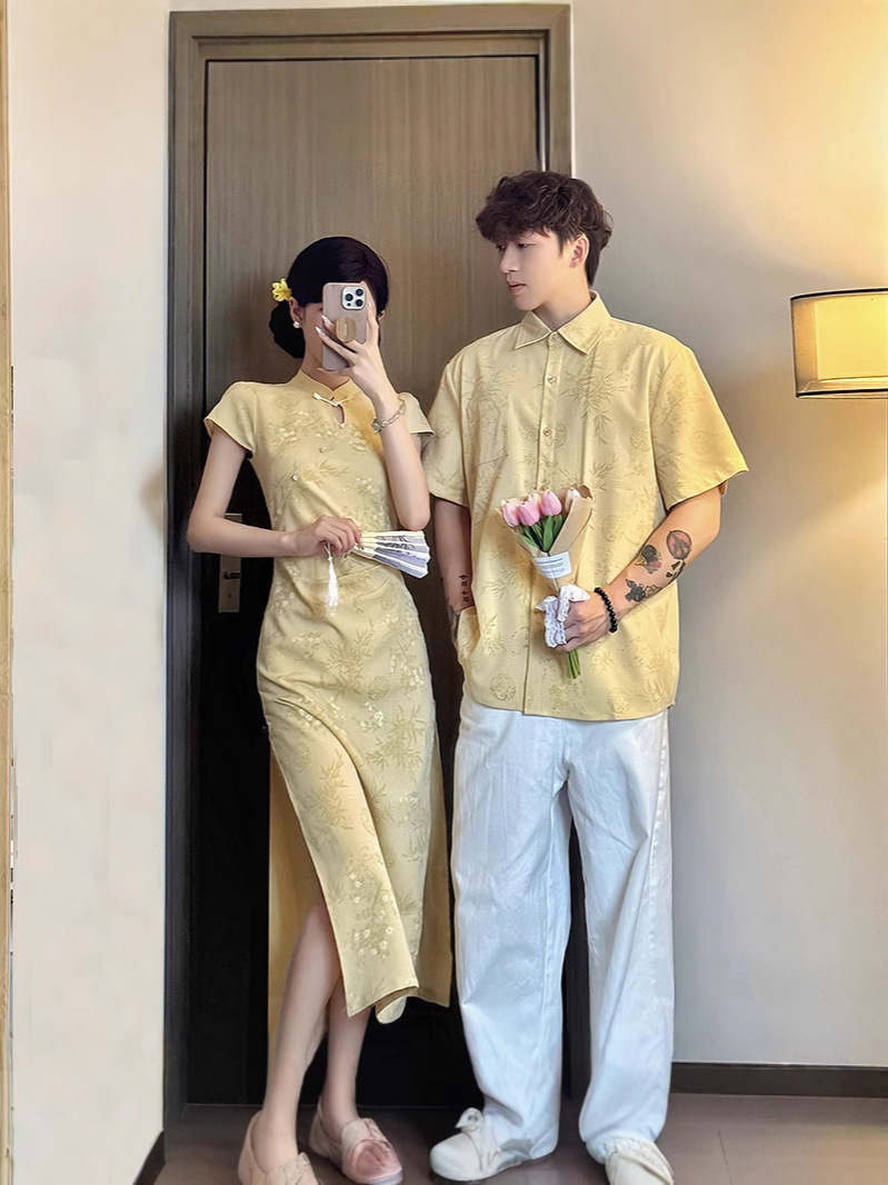 New Chinese Style Couple's Clothing for Summer, Versatile, Improved Waist, High-End, One-Piece, One-Skirt, Slit Cheongsam Dress, Shirt