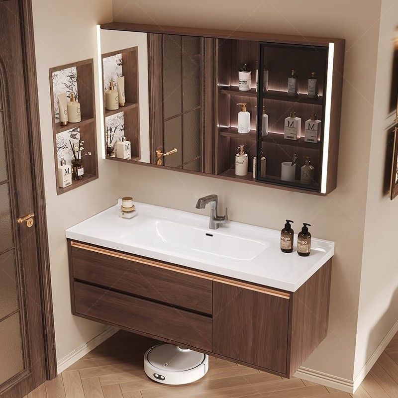 Chinese-Style Bathroom Cabinet with Walnut Integrated Ceramic Washbasin and Rock Slab Washbasin Set