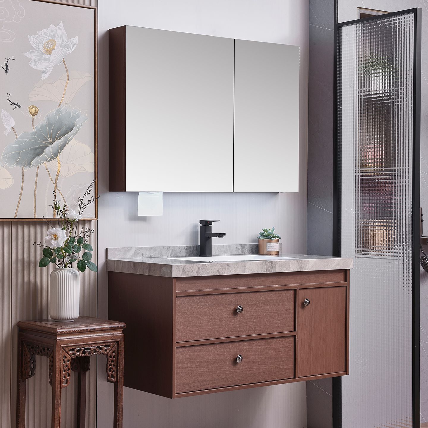 Шкаф для ванной цвета ореха антикварный из массива дерева керамический интегрированный умывальник китайская комбинация