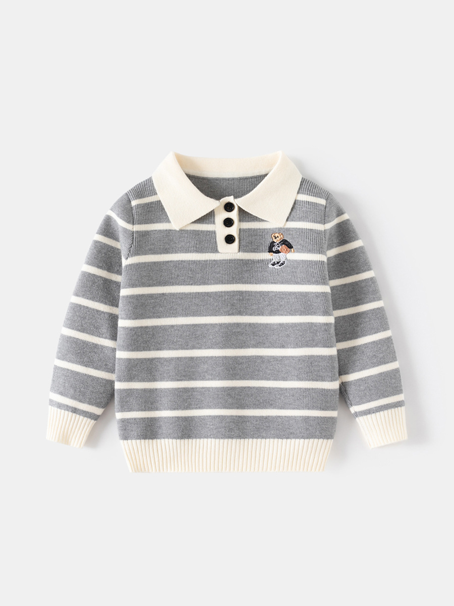 European and American Style Kidsren's Clothing Boys Stripesd Jacquard Single Layer Core-Spun Yarn Thick Needle Sweater Kidsren's Bear Embroidered Lapel Sweater
