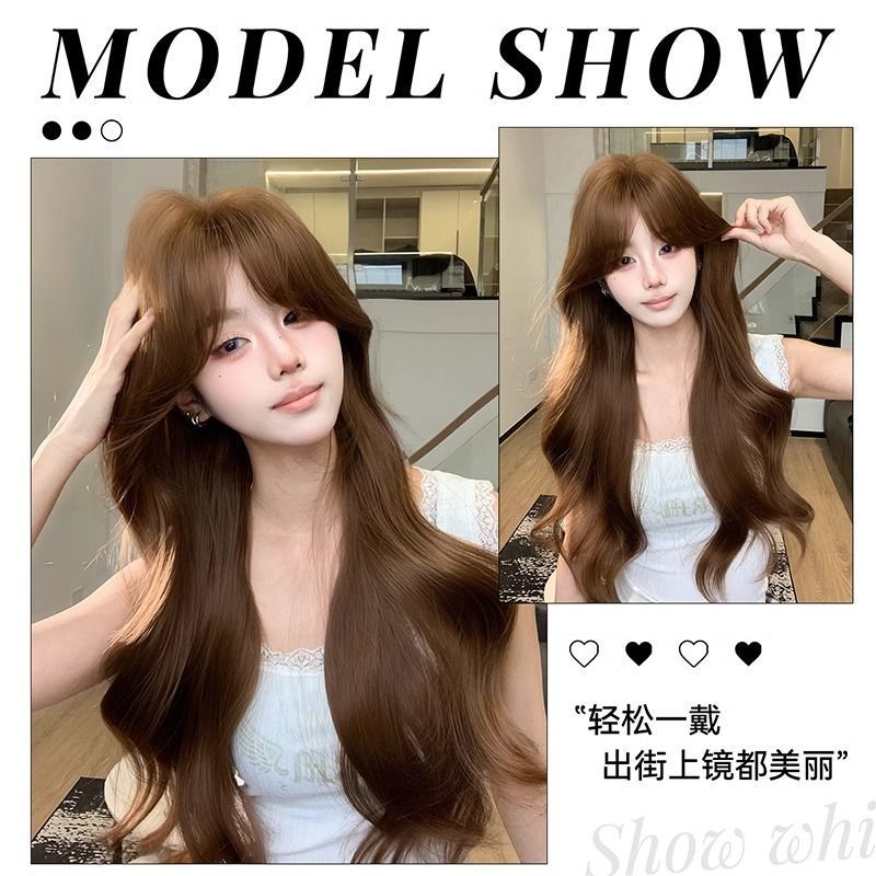 Full Wig for Women Korean Style Elegant Fine Trimmed Sideburns Big Waves Long Curly Fashion Natural Full Wig
