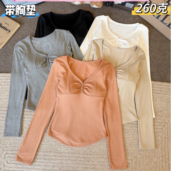 5197 # Модная облегающая футболка с V-образным вырезом, длинный рукав, однотонный базовый слой с вставкой для груди