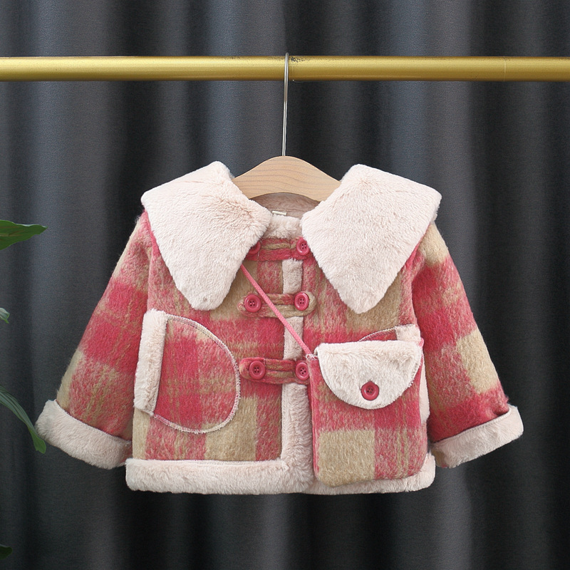 Куртки для девочек, осень и зима, новые шершавая куртка для детей, флисовая подкладка, розовая клетка, экспортный тренд