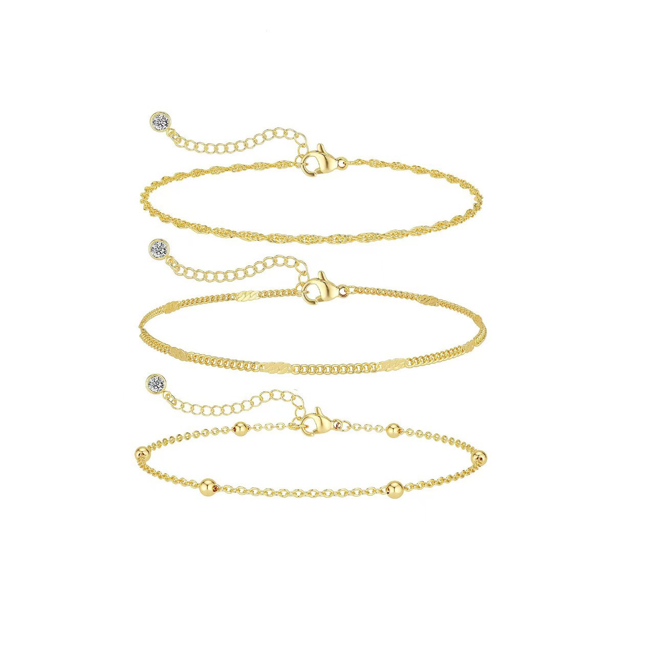 Amazon's Hottest Selling Gold-Plated Three-Piece Foot Jewelry Set for Women, Fashionable Beach Bead Chain, Multi-Layered Versatile Set Anklet