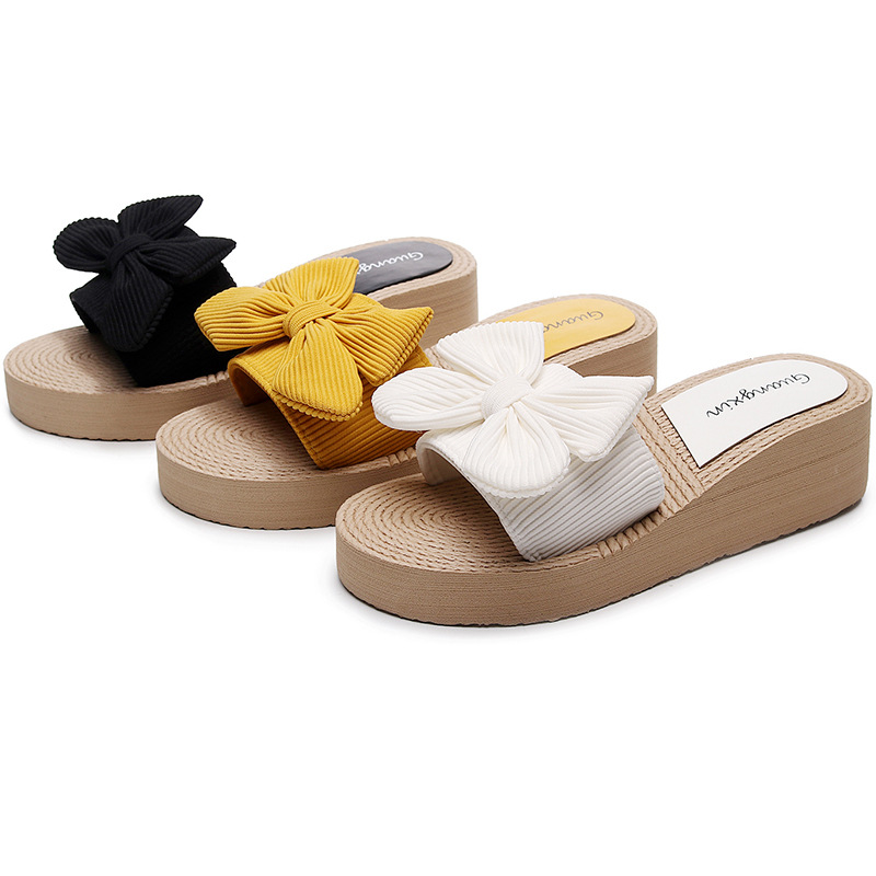 Summer new simple bowknot slippers women's outer wear wedge platform casual all-match straw beach sandals