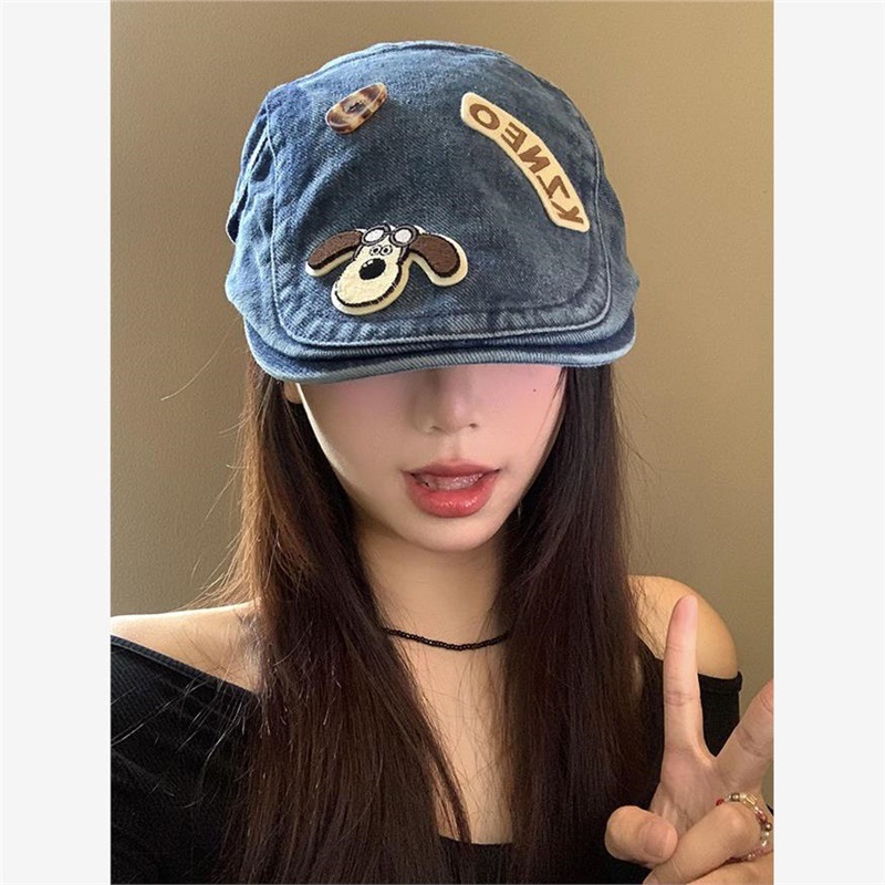 Puppy Button Denim Forward Hat for Women, Spring/Summer Washed Vintage Beret, Large Head Circumference, Face-Slimming Small Hat Trend