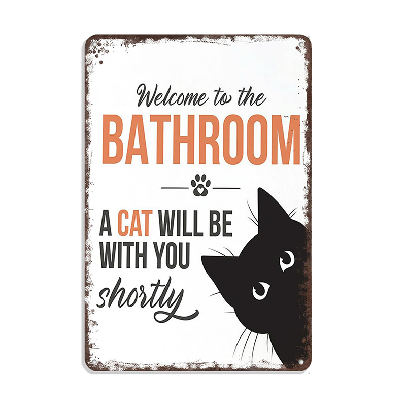 Cross-Border New Retro Black and White Cat Wall Decoration Metal Tin Sign Interesting Dog Bathroom Metal Sign