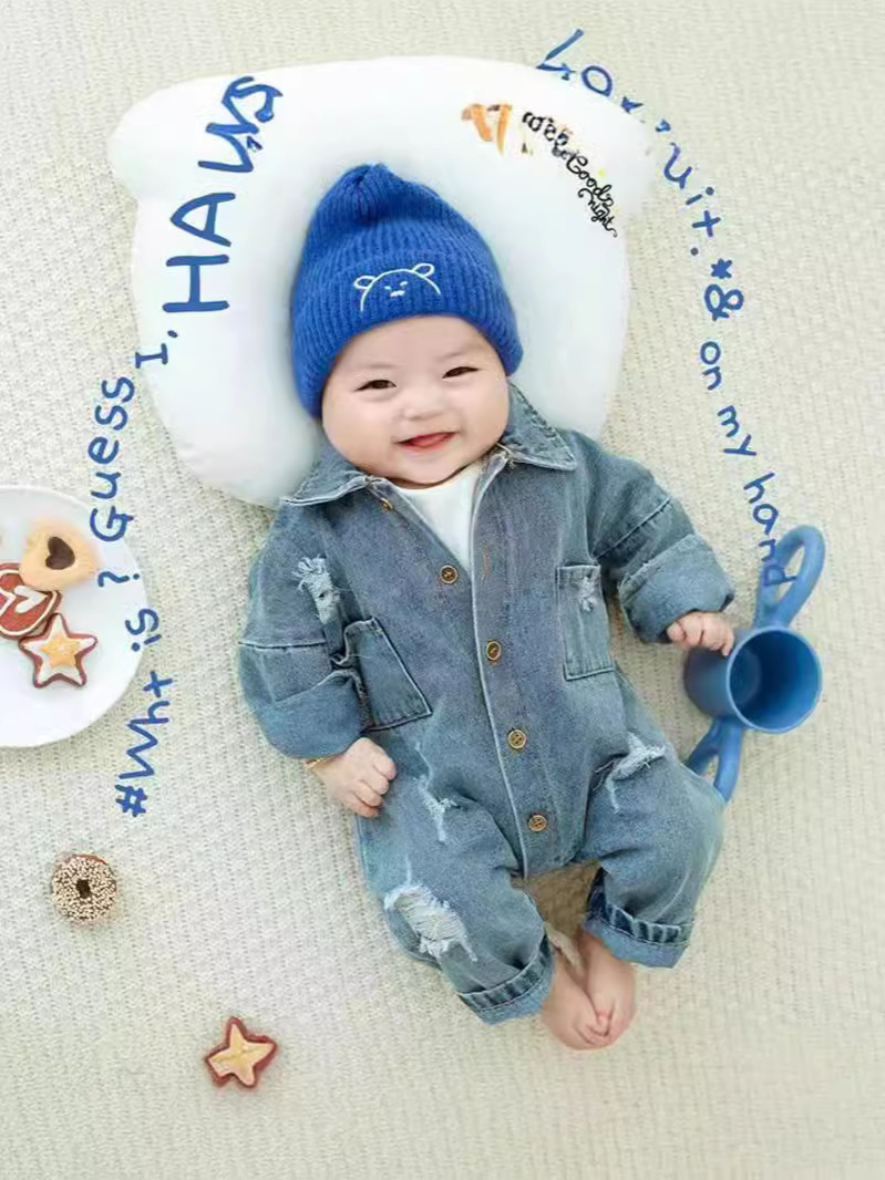 Baby Photo Clothes 100 Days Old Clothing Baby Cool Western Cowboy Photo Studio Theme Handsome Denim One-Piece