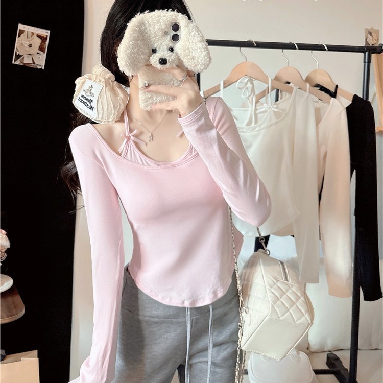 5053 # Чистое желание, топ с завязками на шее, имитация двух частей, длинный рукав, для женщин, осенний короткий топ