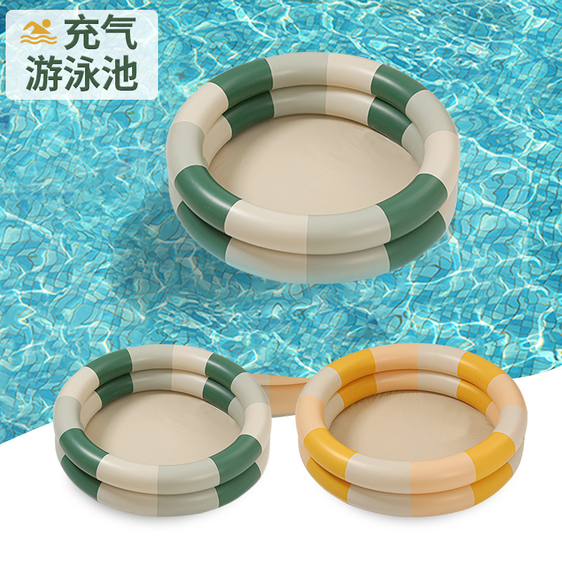 Jialan factory wholesale inflatable children's pool retro striped dinosaur round swimming air cushion floating baby wash