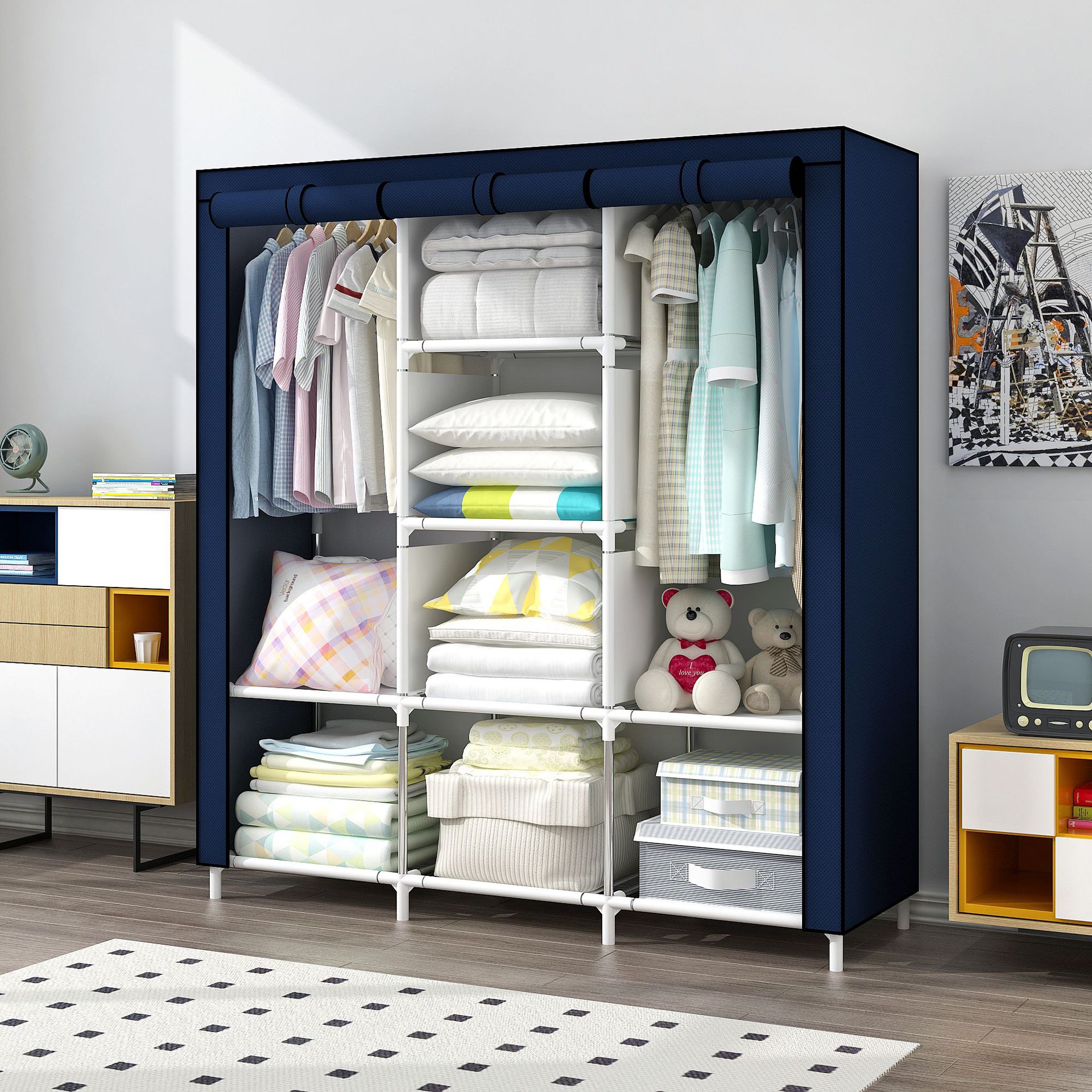 Simple Fabric Wardrobe for Home Bedroom Rental Room, All-Steel Frame, Sturdy and Durable, Economical Storage Fabric Closet for Small Apartments