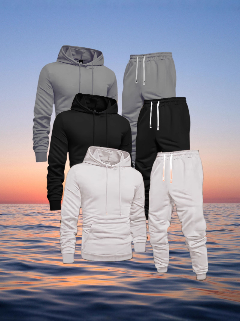 Cross-Border European Size 3-Piece Men's and Women's Sports Suit Pure Color Comfortable Hoodie and Jogging Pants Soft Breathable and Warm