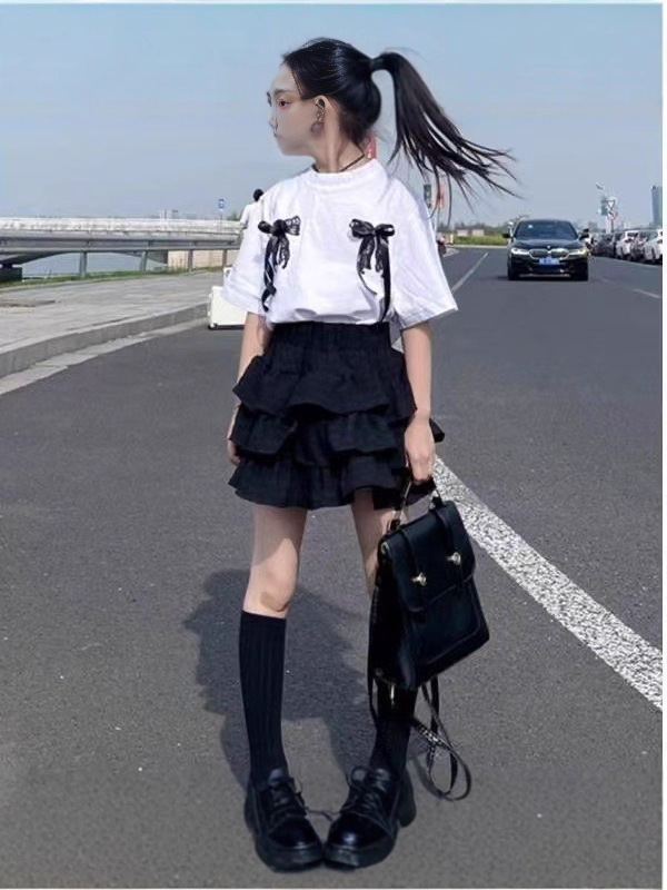 2025 New Summer Girls Korean Style Loose High-Waisted Fashionable Cake Skirt Short Skirt