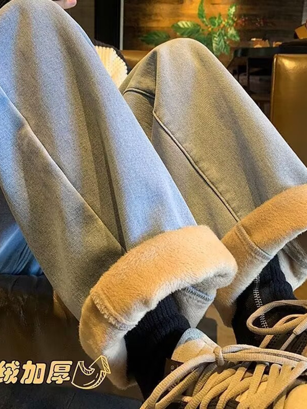 High Street Retro Velvet Thickeneded Jeans Men's Winter 2025 New Elastic Waist Straight Loose Warm Wide Leg Pants