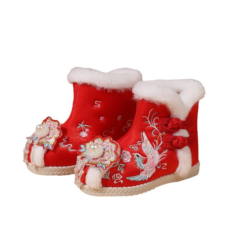 Girls Embroidered Shoes fleece-lined Cotton Shoes Children's Hanfu Shoes Chinese Style Snow Boots Girls Ethnic Style Cloth Shoes
