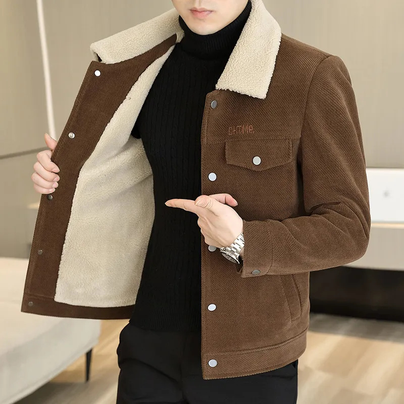 Men's Autumn and Winter Lapel Jacket Pure Color Fur Collar Arctic Velvet Coat fleece-lined Warm Middle-aged Jacket