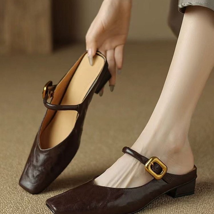 Женские мягкие и комфортные туфли из овчины, новые квадратные носки, художественные ретро туфли с низким каблуком 2025