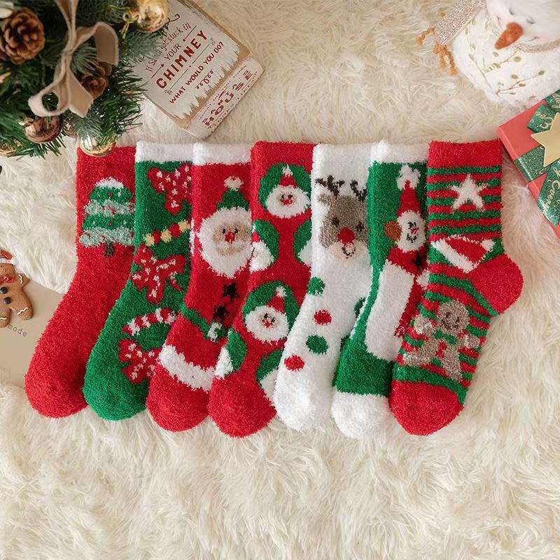 Autumn and Winter Thickeneded Coral Velvet Socks, Warm Half Velvet Socks, Towel Socks, Home Cartoon Sleep Socks, Thickeneded Christmas Socks