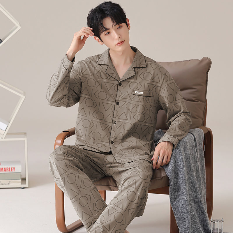 100% Cotton Pajamas for Men Spring and Autum Long-Sleeved Large Size 2025 New Home Clothes Autum and Winter Styles Can Be Worn Outside and Given to Dad