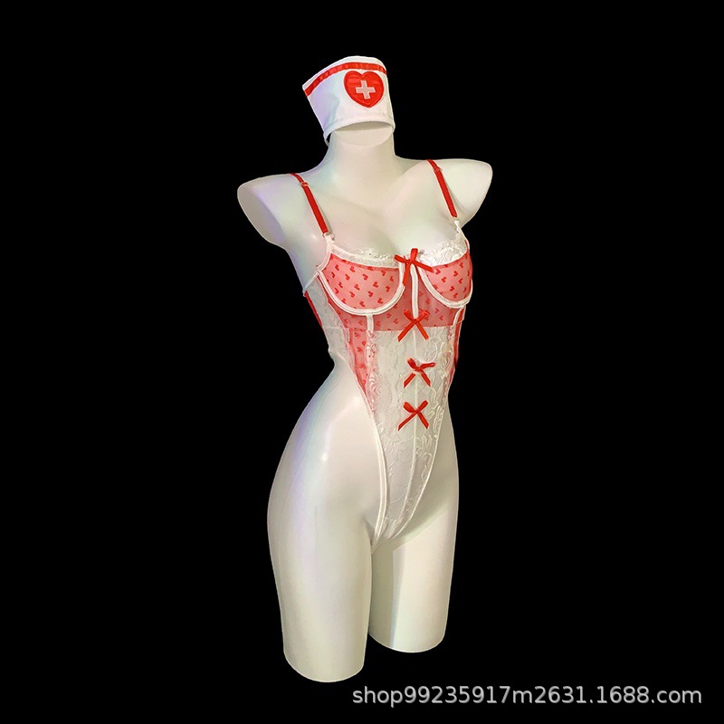 Sexy Lingerie, Pure Lust Style, Sexy Pajamas, Maid Uniform, See-Through Temptation Nurse One-Piece Suit, One-Piece Drop Shipping for Women
