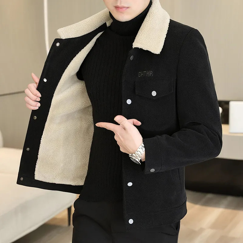 Men's Autumn and Winter Lapel Jacket Pure Color Fur Collar Arctic Velvet Coat fleece-lined Warm Middle-aged Jacket