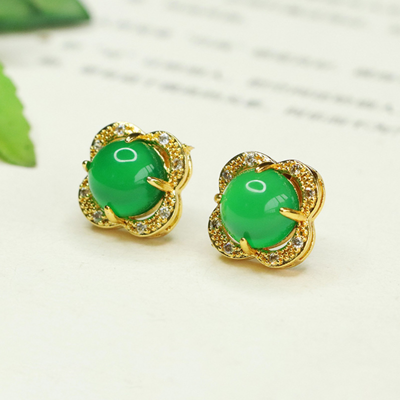 Aiyu Green Agate Earrings Ice Green Chalcedony Four-leaf Grass Earrings Earrings Factory Wholesale AY4013007