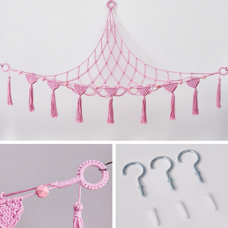 Woven Plush Toy Storage Net, Triangular Net Pocket, Corner Net, Hand-Knitted Tassel Triangular Toy Net Pocket