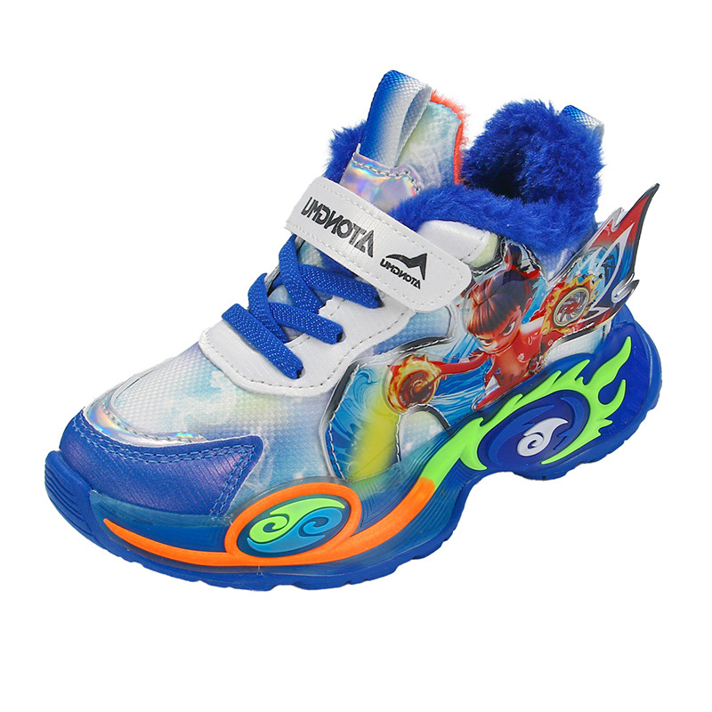 Wholesale Nezha Light-Up Boys' Sneakers 2025 Autumn and Winter New Leather Surface Warm Baby Soft-Soled Children's Running Shoes