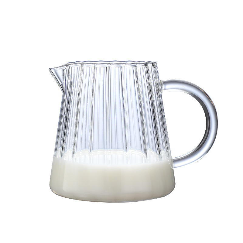 High Borosilicate Transparent Vertical Pattern Small Milk Pot Espresso Small Milk Pot with Handler Milk Pot Pointed Mouth Glass Mini Milk Pot