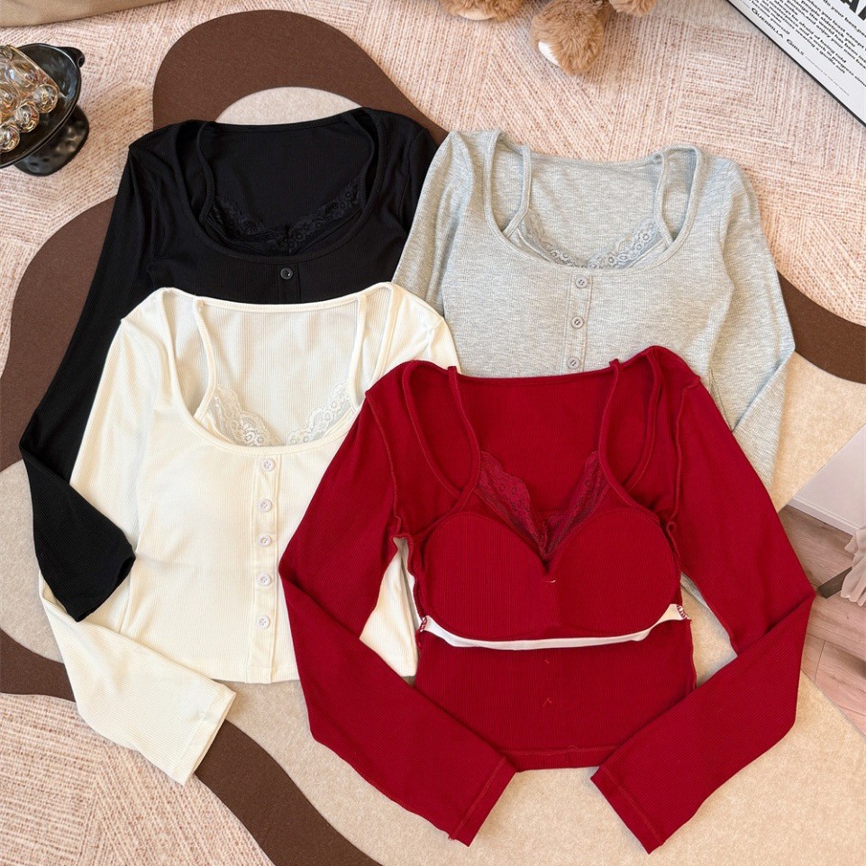 5153 # Pure Desire Hot Girl Lace Patchwork Fake Two-Piece Long Sleeve T-Shirt Autumn Slim Fit Inner Short Base Shirt Top