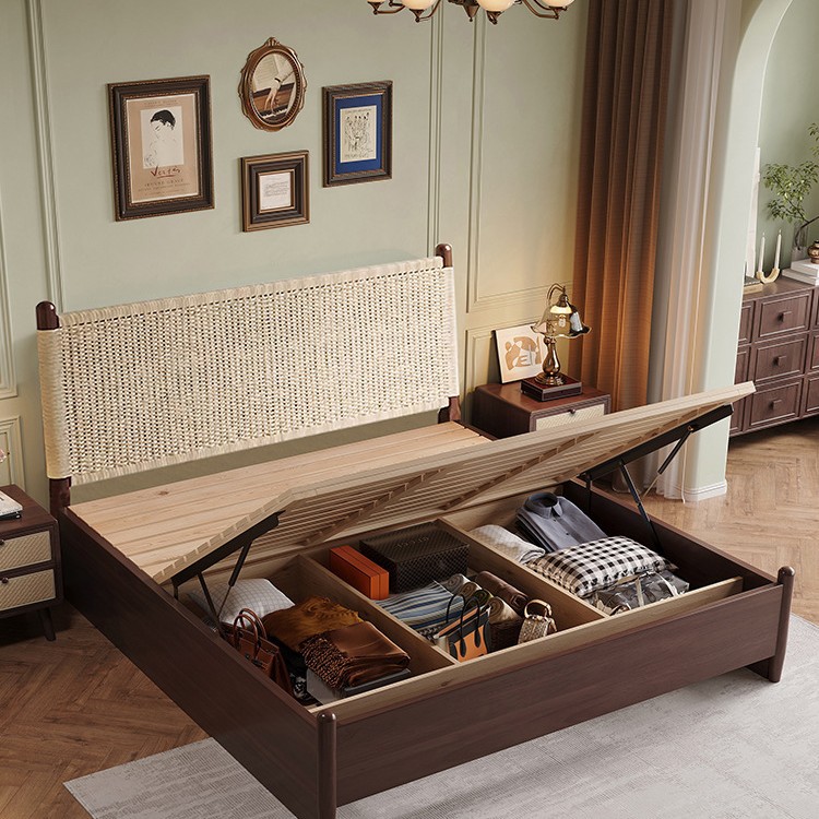 Scandinavian Mid-Century Style Bed Solid Wood Double Bed Simple New Chinoiserie Bedroom 1.8m Large Bed B&B Bed Rattan Bed 1.5m