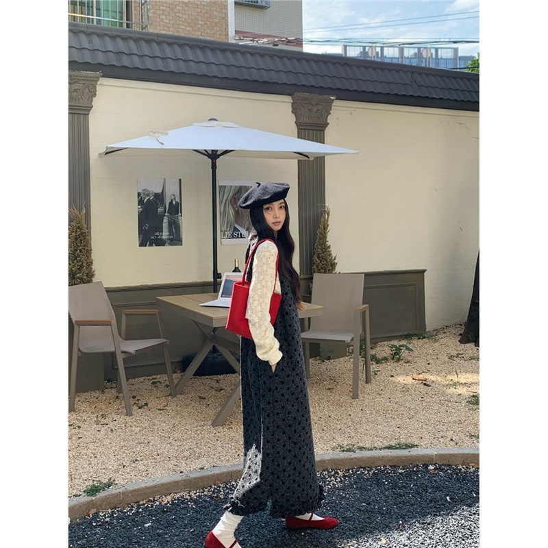 Korean Retro Style Suit for Women, Age-Reducing Woolen Thick Vest Dress, Autumn and Winter Half Turtleneck Lace Bottoming Shirt Two-Piece Set