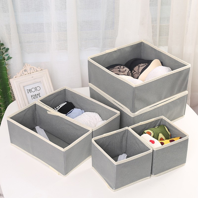 Uncovered Intimates Plaid Fabric Desktop Storage Box Drawer-type Organizing Clothing Storage Box Six-piece Set with Zipper Box