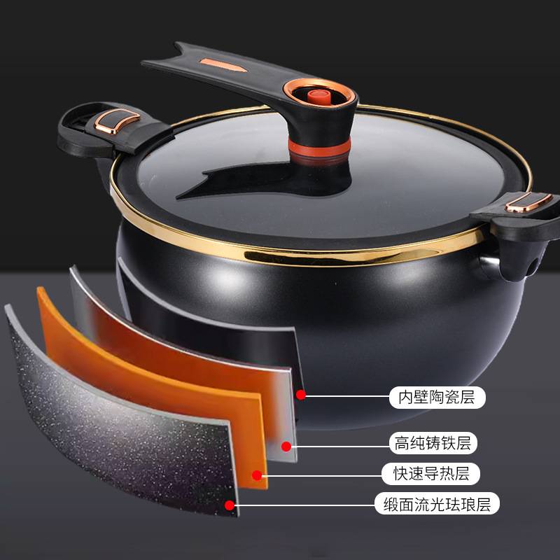 Black Micro-Pressure Cooker, Large-Capacity Pressure Cooker, High-Pressure Cooker, Soup Pot, Household Pumpkin-Shaped, Suitable for Induction Cookers and Gas Stoves, Multi-Functional