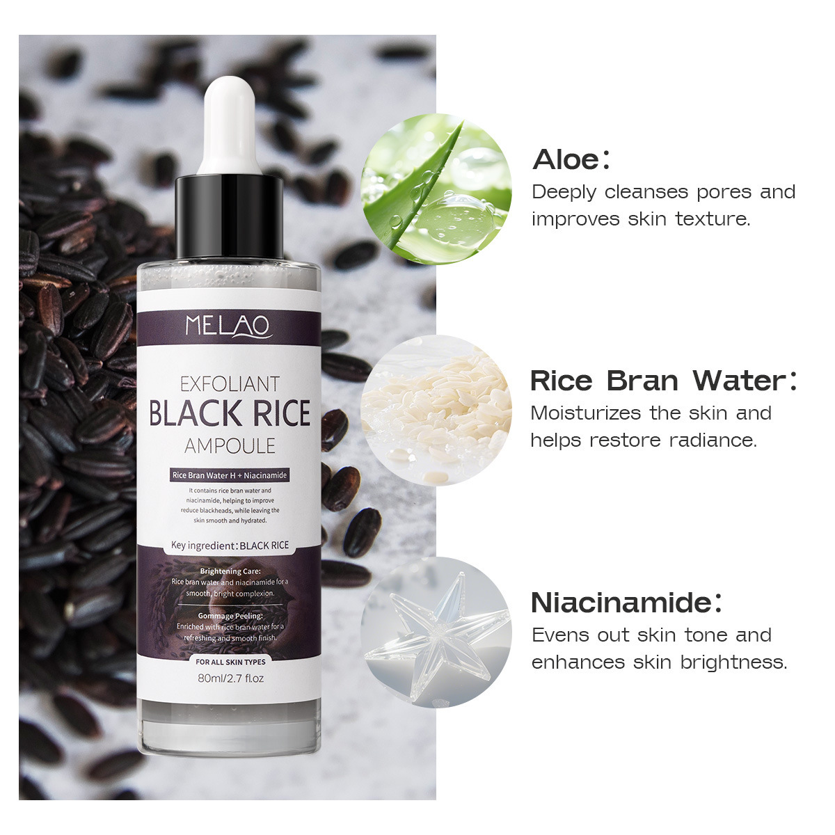Cross-Border Amazon New Product Rice Exfoliating Ampoule Black Rice Rice Essence Softens Pores and Moisturizes the Face