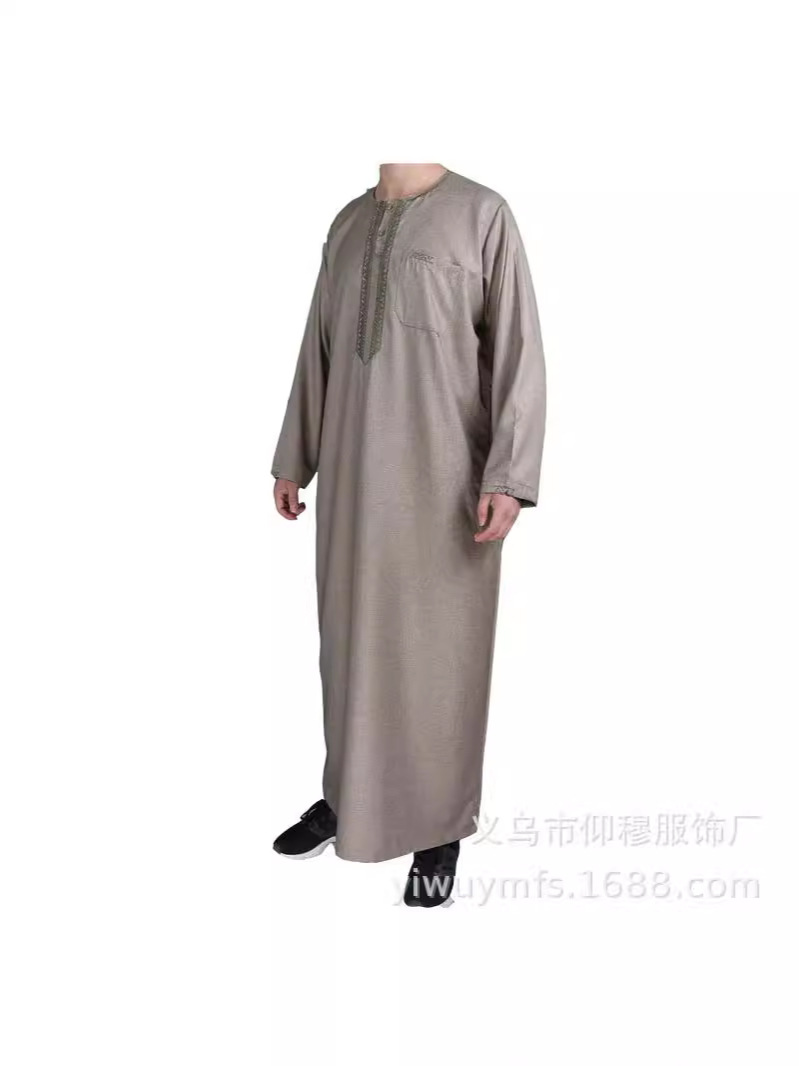 Long-Sleeved Cotton and Linen Cross-Border Trade Factory Direct Sale Round-Neck Exquisite Embroidery Moroccan Style Men's Shirt with Buttoned Pockets